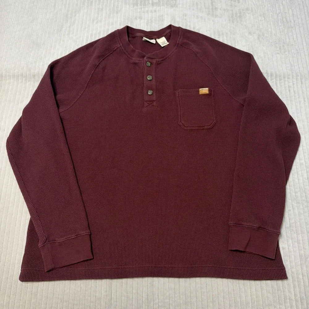 LL Bean Mens Waffle Knit Henley Shirt Red Long Sleeve Cotton XL Reg